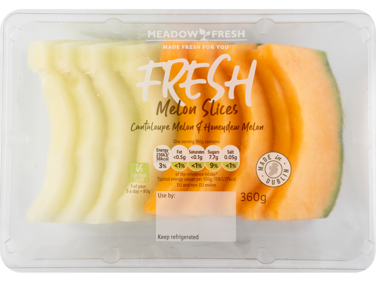 Meadow Fresh melon slices: cantaloupe and honeydew.