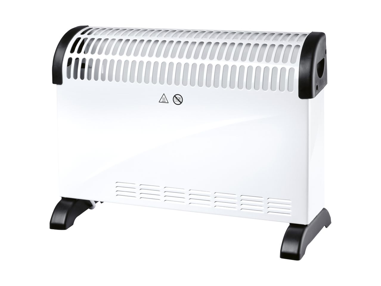 White electric convection heater with black handles and feet