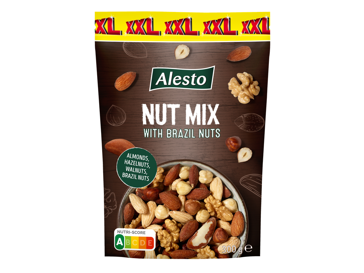 Alesto riešutų mišinys su migdolais, lazdyno riešutais ir braziliškais riešutais.