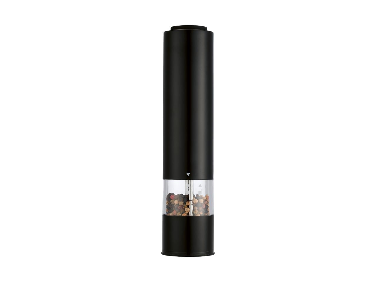 Black electric pepper grinder with a clear chamber filled with mixed peppercorns.
