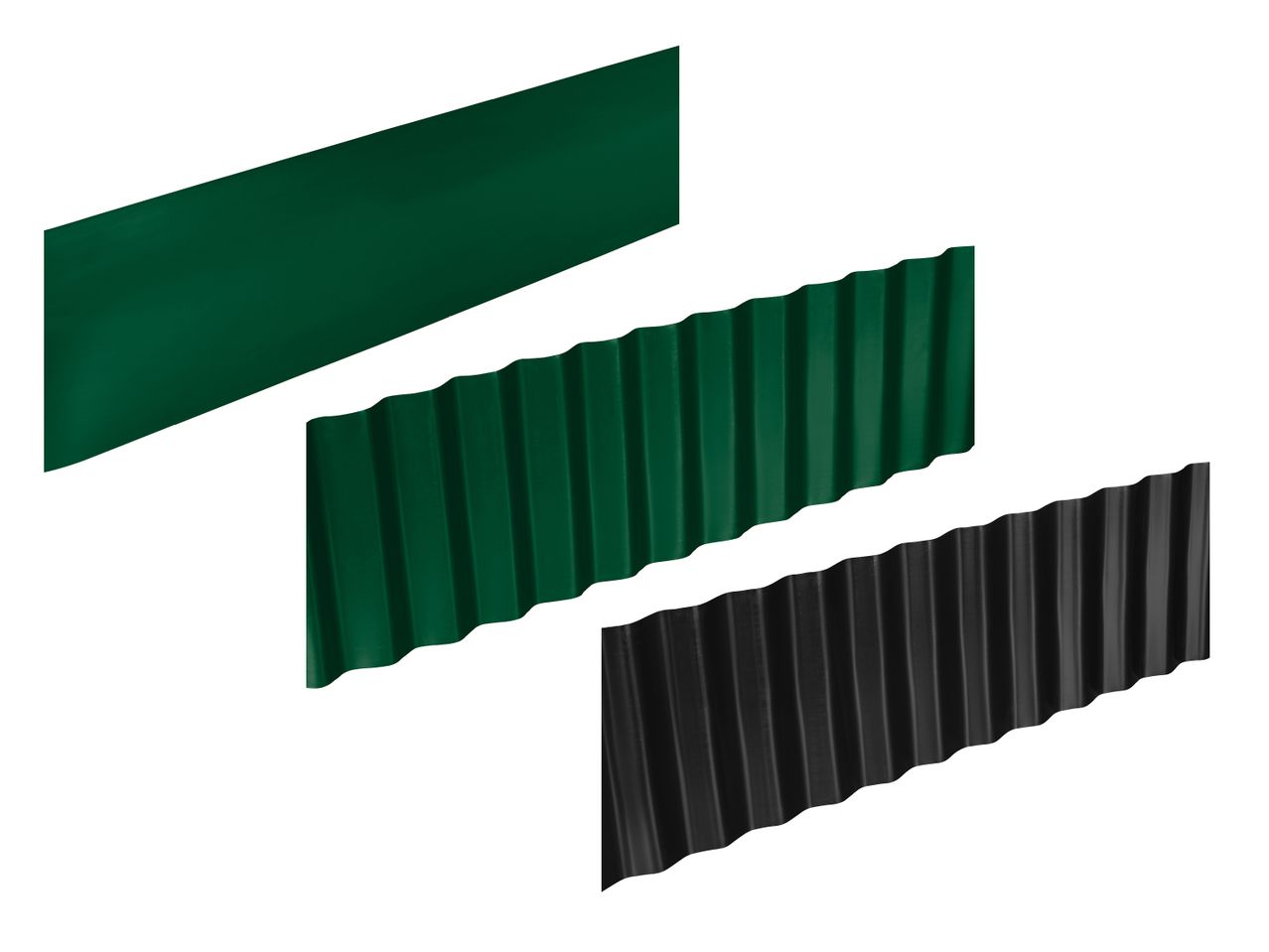 Drei grüne und schwarze Wellblechplatten, die schräg übereinander liegen.