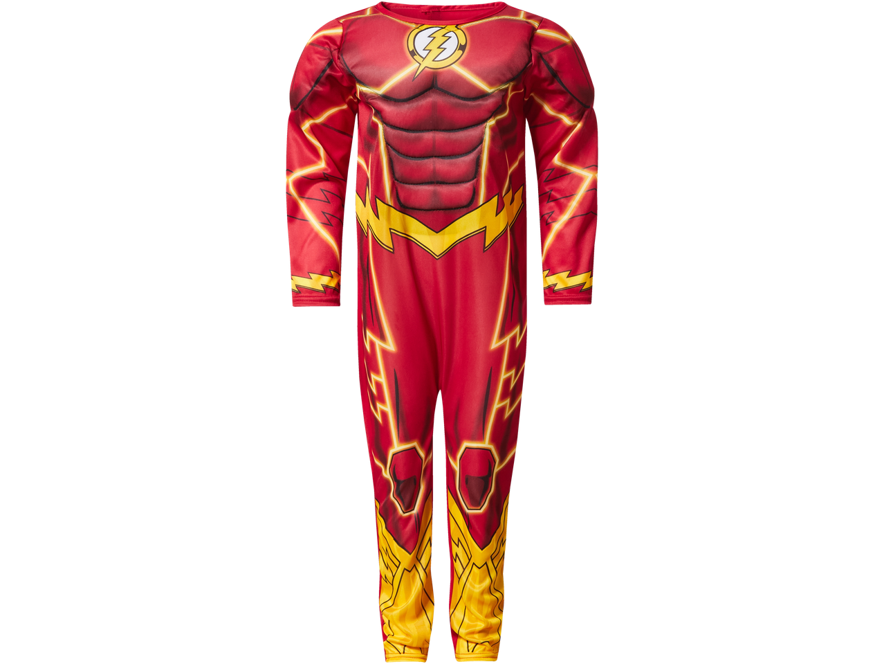 The Flash costume for kids, featuring a red and yellow jumpsuit with lightning bolt details.