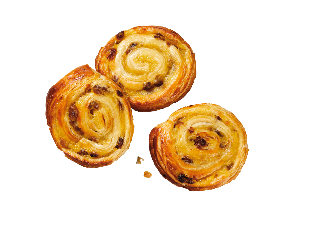 Trys skanūs razinų bandelės, paruoštos mėgautis.