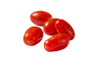 Cinco tomates cereja vermelhos com gotas de água sobre fundo preto.