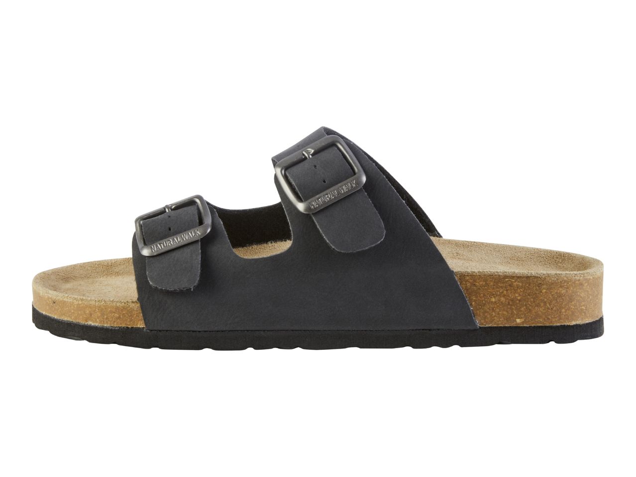 Natural Walk black leather double buckle cork sandals.