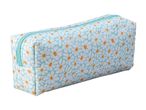 Rectangular pencil case with a white daisy pattern on a light blue background and a light blue zipper.