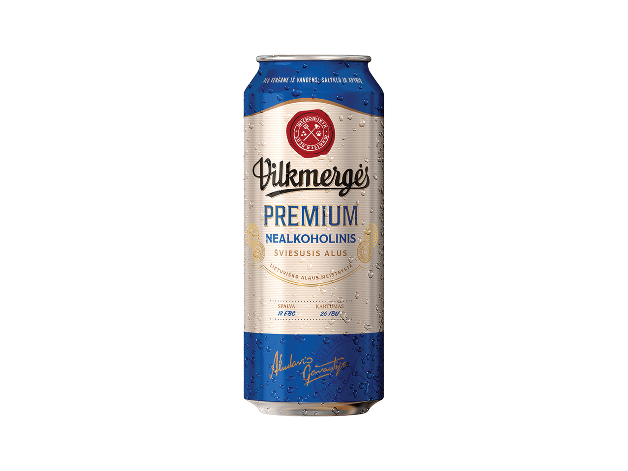 Vilkmergės Premium nealkoholinis šviesusis alus skardinėje su vandens lašeliais.