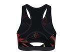 Women's black sports bra with a red and green abstract pattern, racerback design.