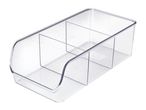 Clear plastic storage organizer with three compartments, ideal for fridge or pantry organization.