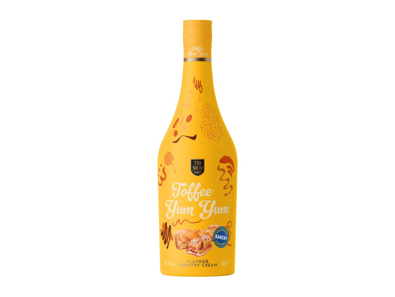 A yellow bottle of Tio Nico Toffee Yum Yum cream liqueur with bakery-inspired imagery.