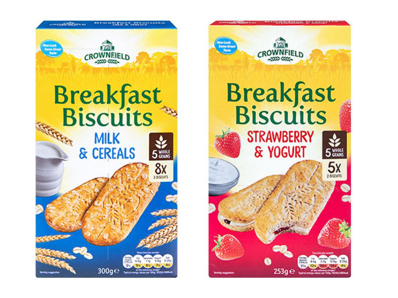 Two boxes of breakfast biscuits: one milk & cereals, the other strawberry & yogurt.