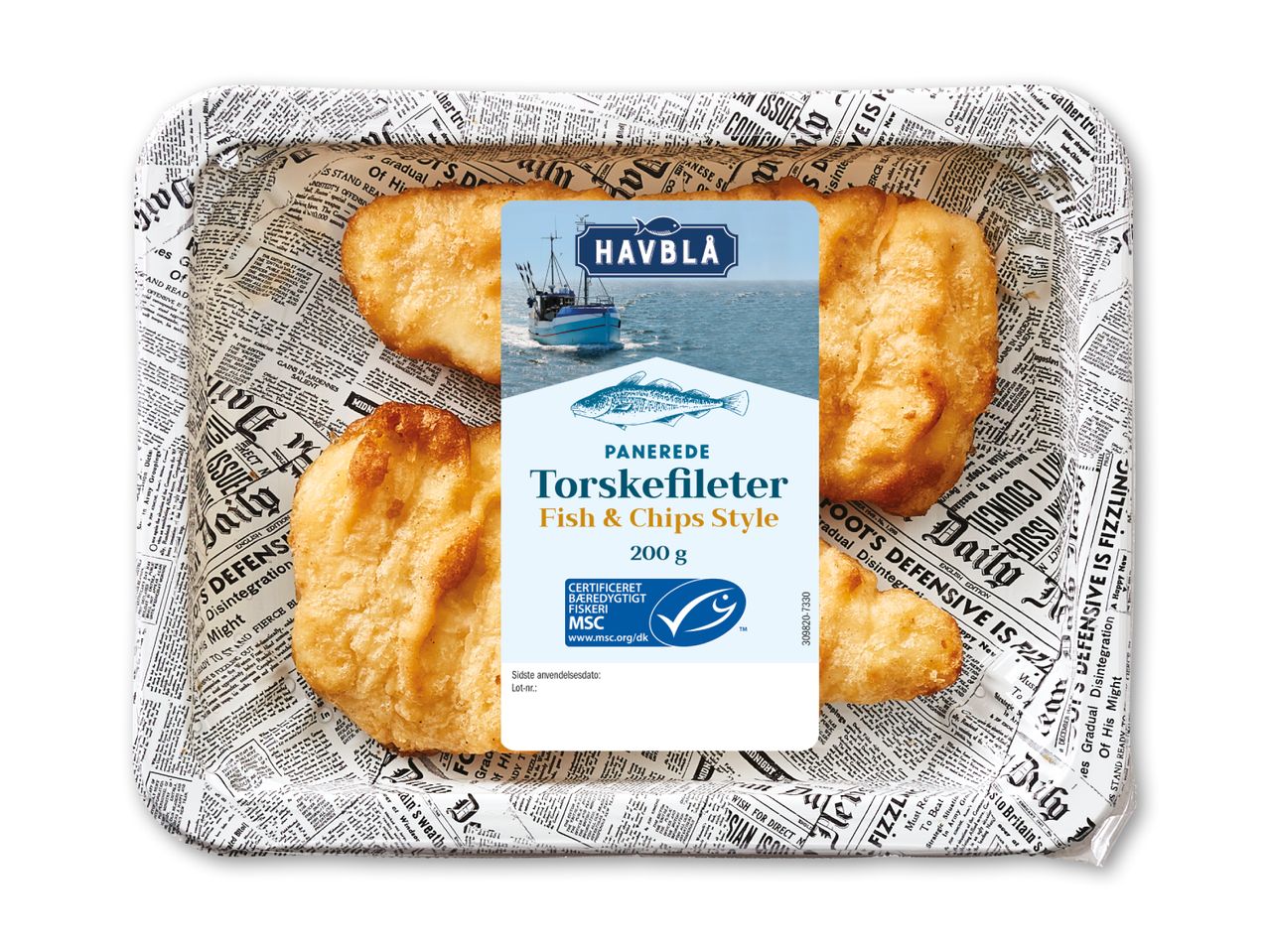 Panerede torskefileter i 'Fish & Chips Style' på en bakke med avispapir-tema.
