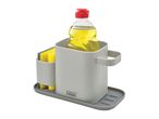 Grey plastic kitchen caddy with dish soap, sponge, and draining tray.