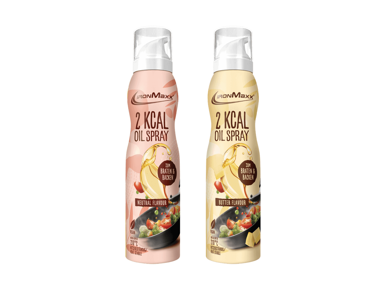 Deux sprays d'huile de cuisson à 2 kcal, saveurs neutre et beurre.
