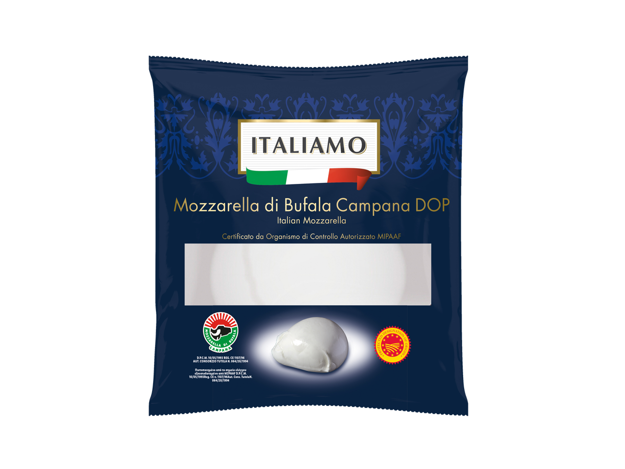 ITALIAMO brand Mozzarella di Bufala Campana DOP Italian mozzarella cheese in packaging.