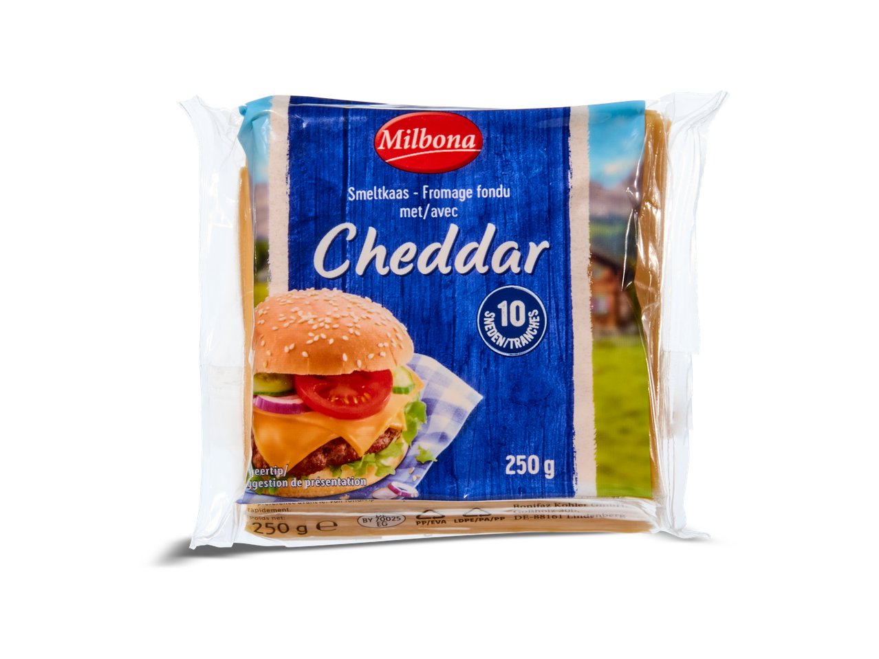 Milbona Cheddar smeltkaas, 250g, 10 plakjes.