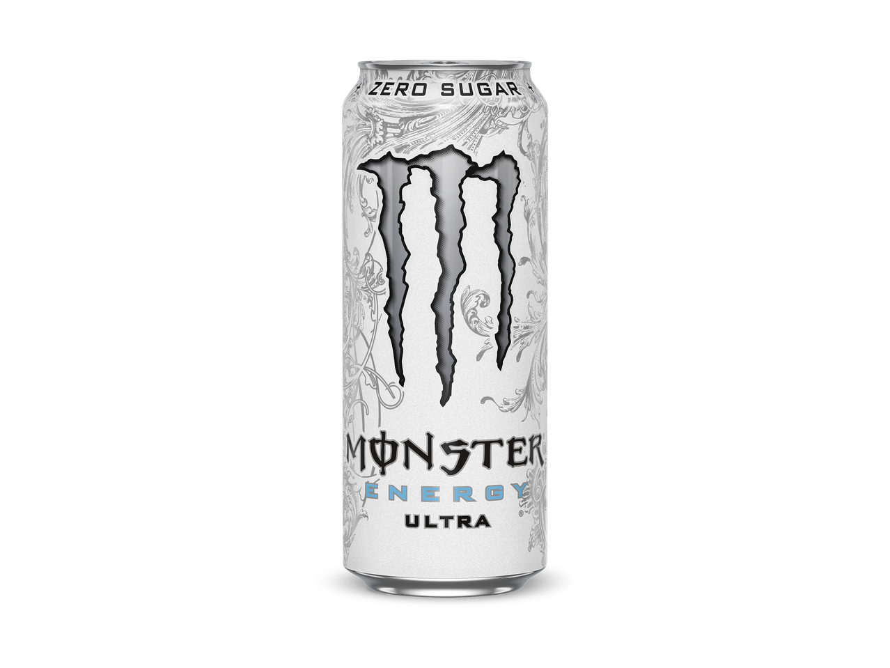 Een witte energiedrank met 'ZERO SUGAR' en 'ULTRA' op een zwarte achtergrond.
