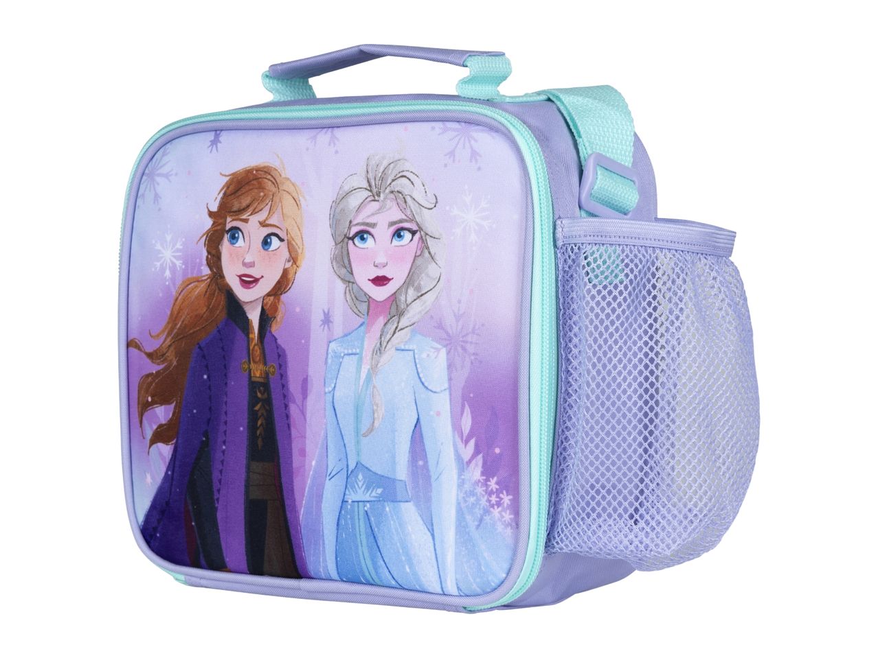 Purple lunch bag with Anna and Elsa from Frozen, featuring a side mesh pocket.