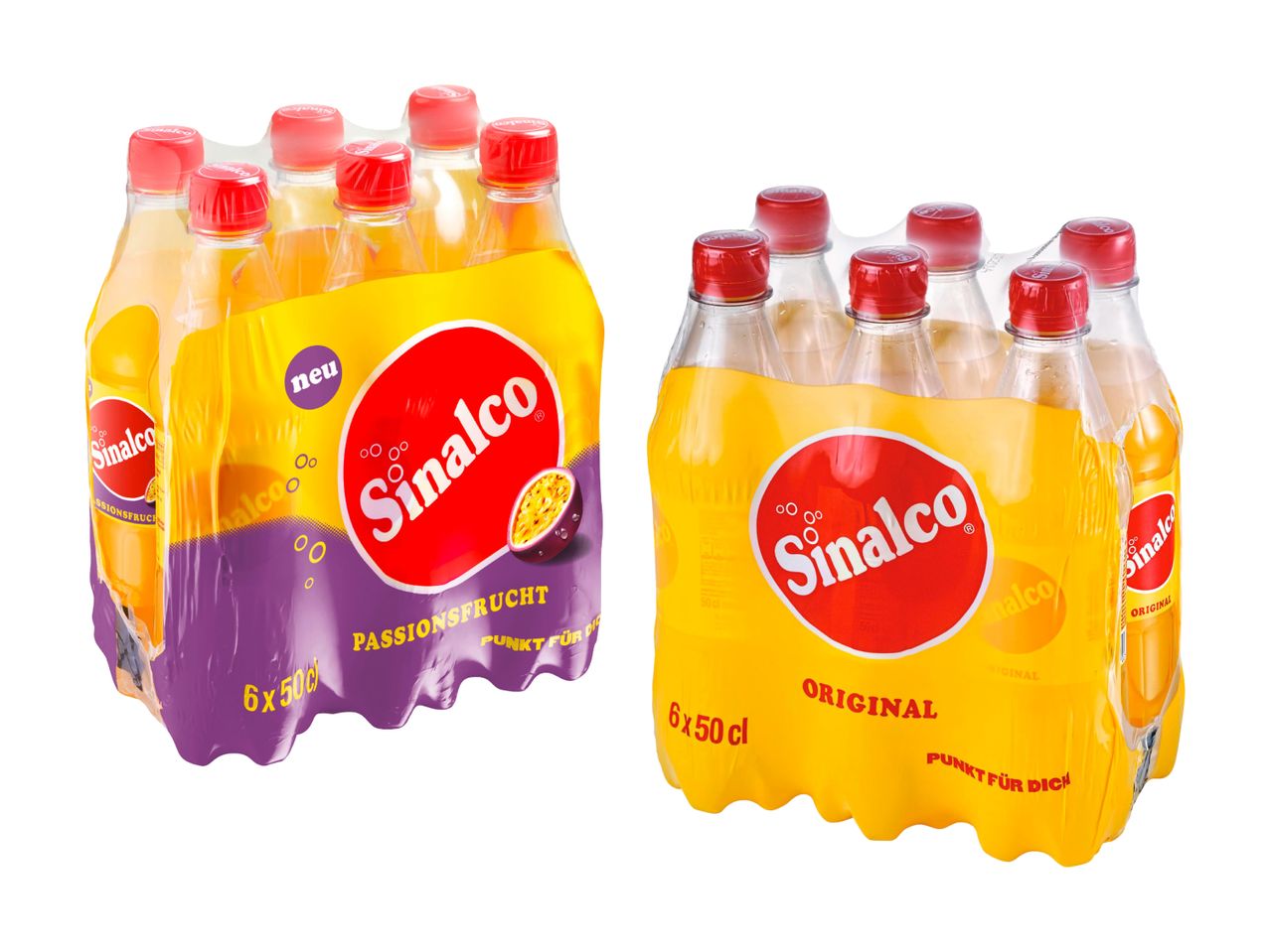 Zwei 6er-Packs Sinalco: eines mit Passionsfruchtgeschmack, das andere Original.