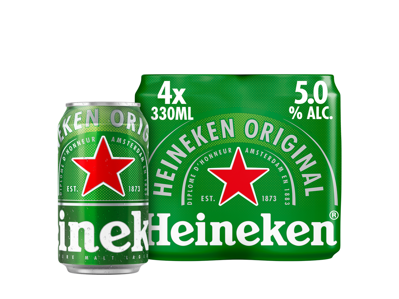 Heineken 4-pack van 330ml blikjes, 5,0% ALC.