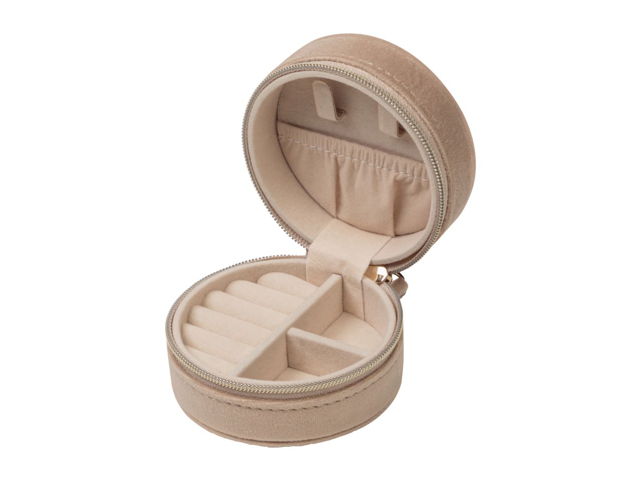 A beige velvet round jewelry box is open, revealing compartments for rings and earrings.