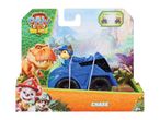 Paw Patrol Dino Movie toy featuring Chase in a blue vehicle with a dinosaur background.