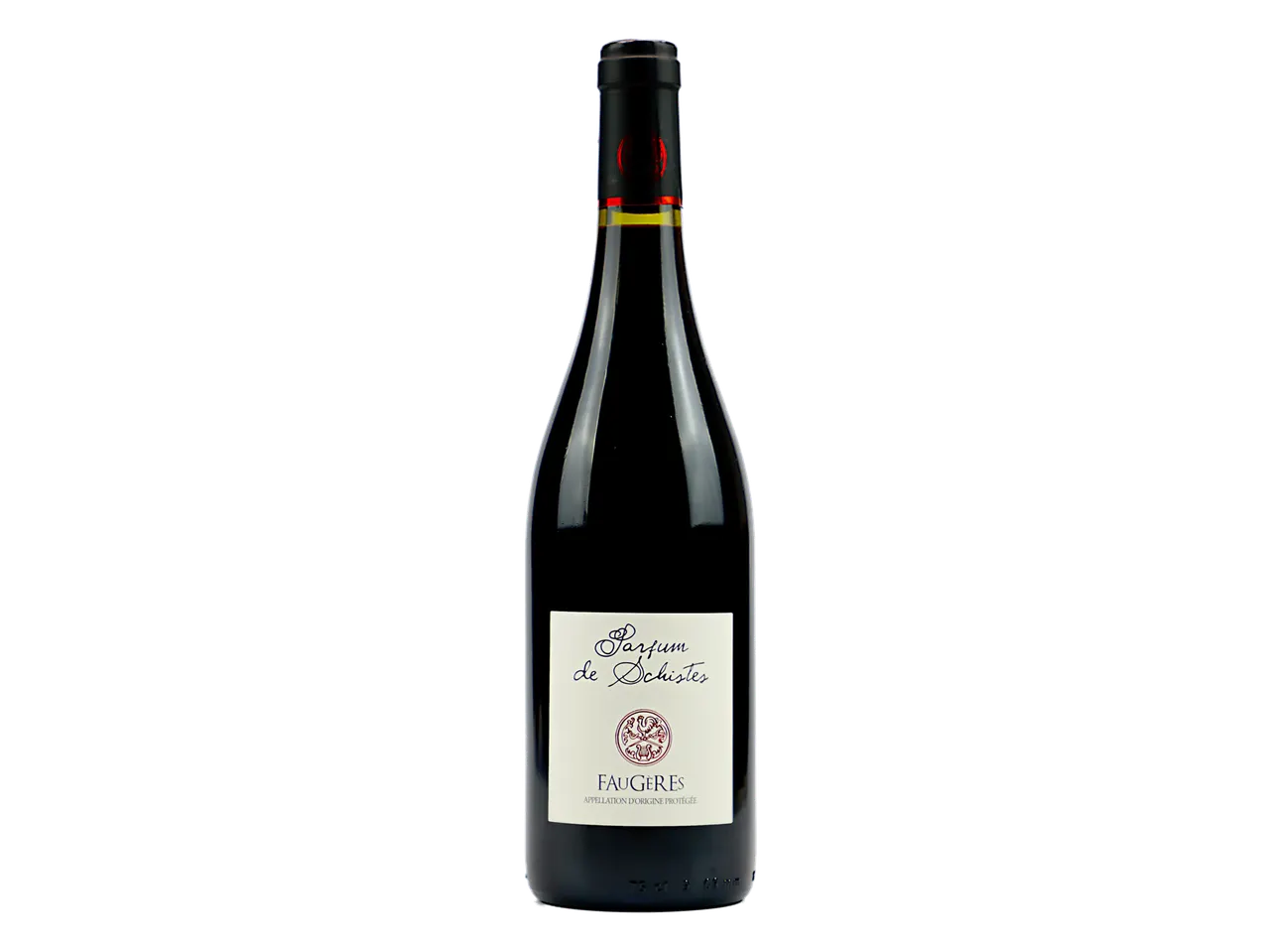 Bouteille de vin rouge avec une étiquette blanche indiquant 'Parfum de Schistes' et 'Faugères'.