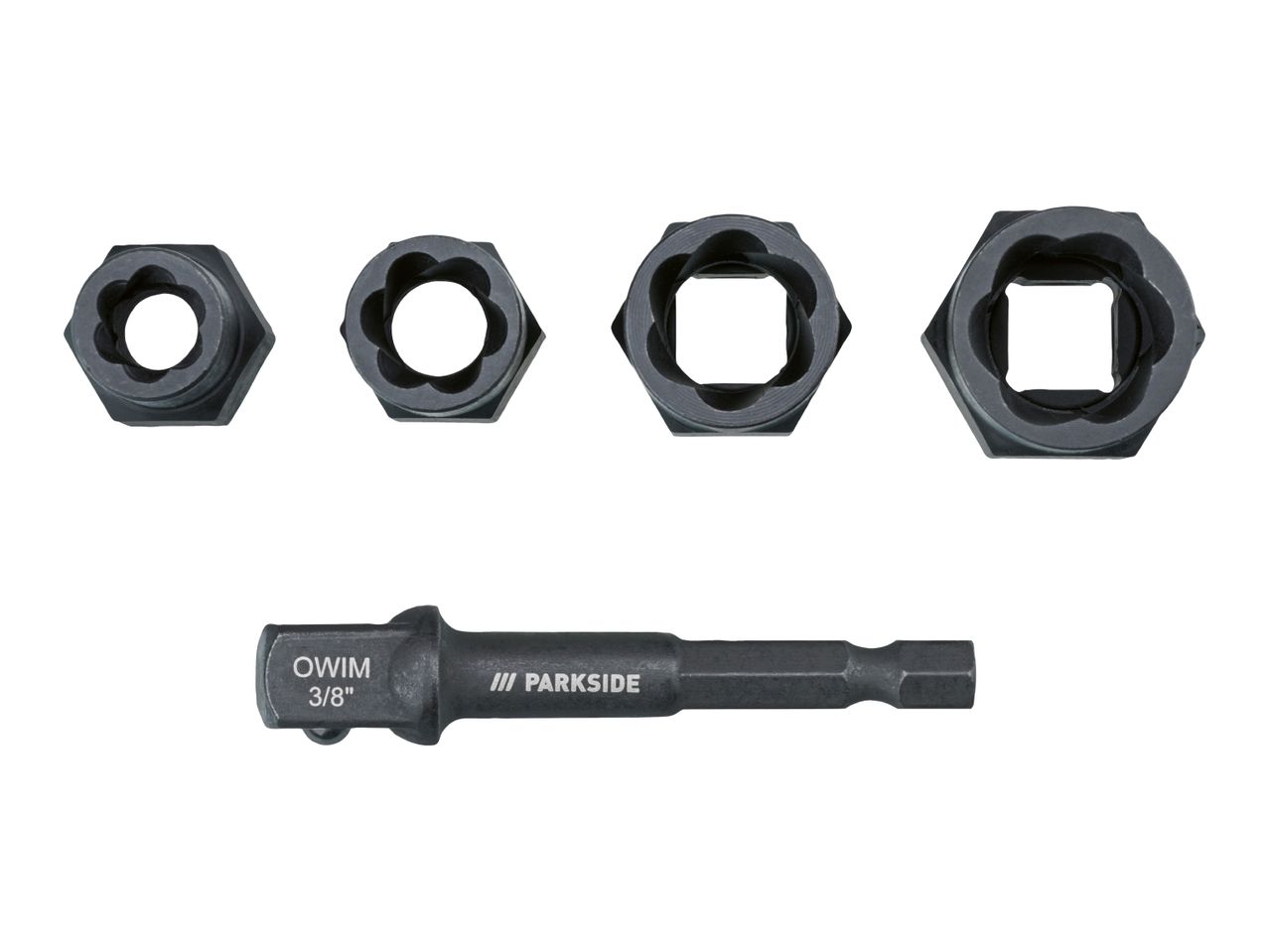 A set of five black bolt extractors and a 3/8' hex shank adapter.