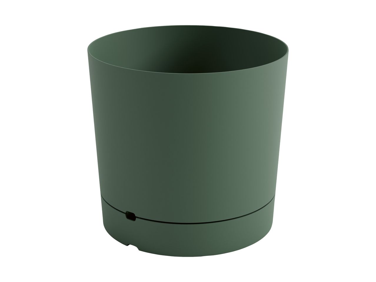 A dark green cylindrical planter with a drainage hole.