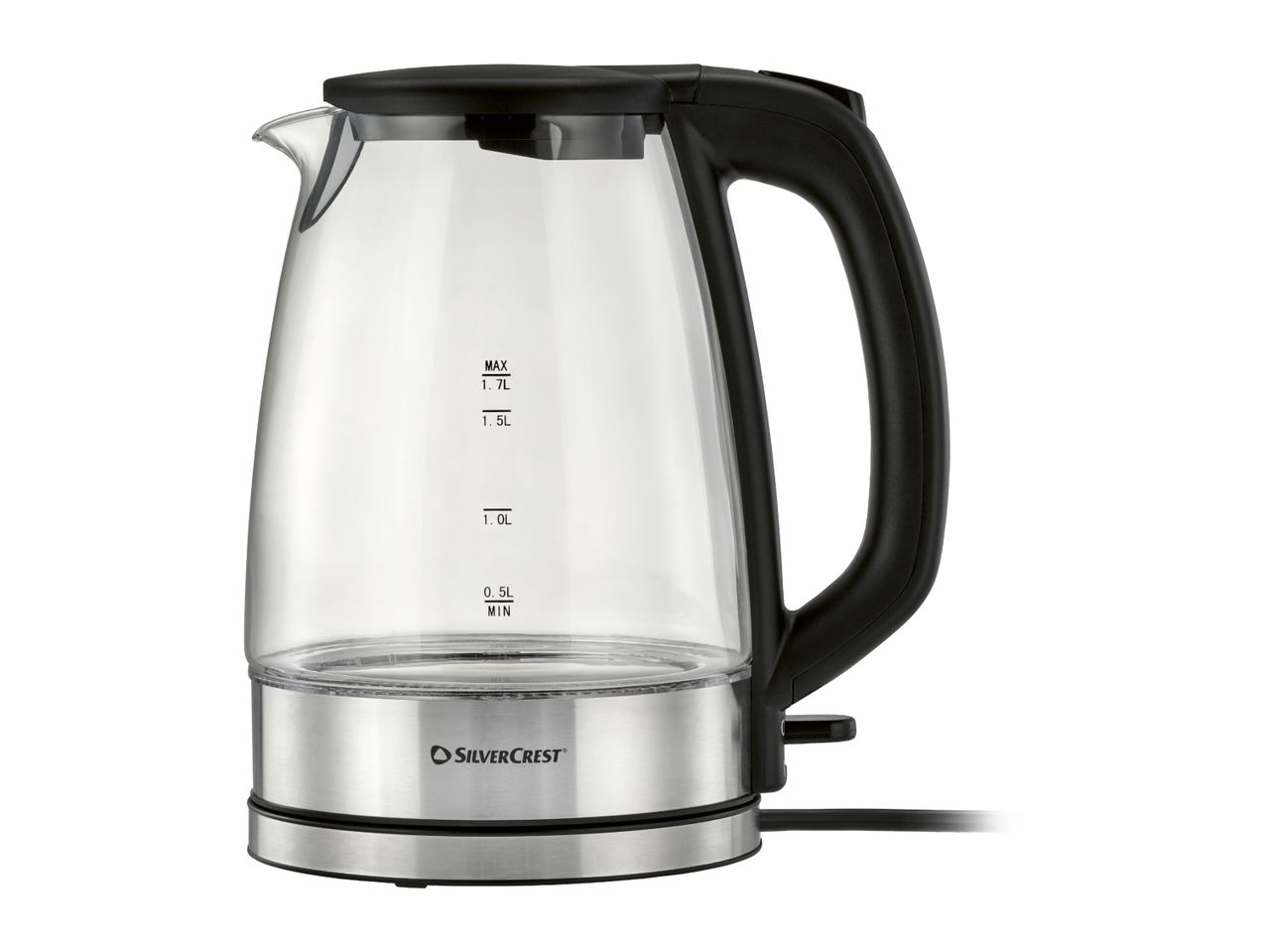 Glass electric kettle with a black handle and lid, featuring volume markings and a stainless steel base.