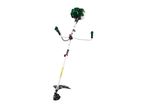 A green and white petrol brush cutter with a string trimmer head and handlebar grips.