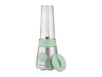 A stainless steel and mint green personal blender with a clear blending cup and a separate lid.