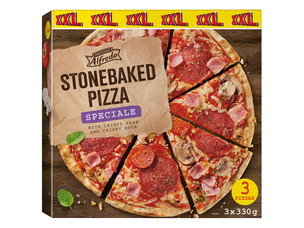 Trattoria Alfredo's XXL Stonebaked Pizzas: three 330g frozen pizzas.