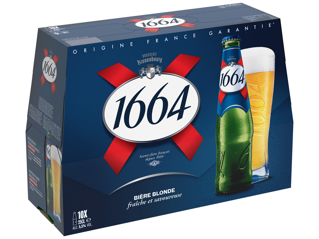 Pack de 10 bières blondes, fraîches et savoureuses, avec une bouteille et un verre.