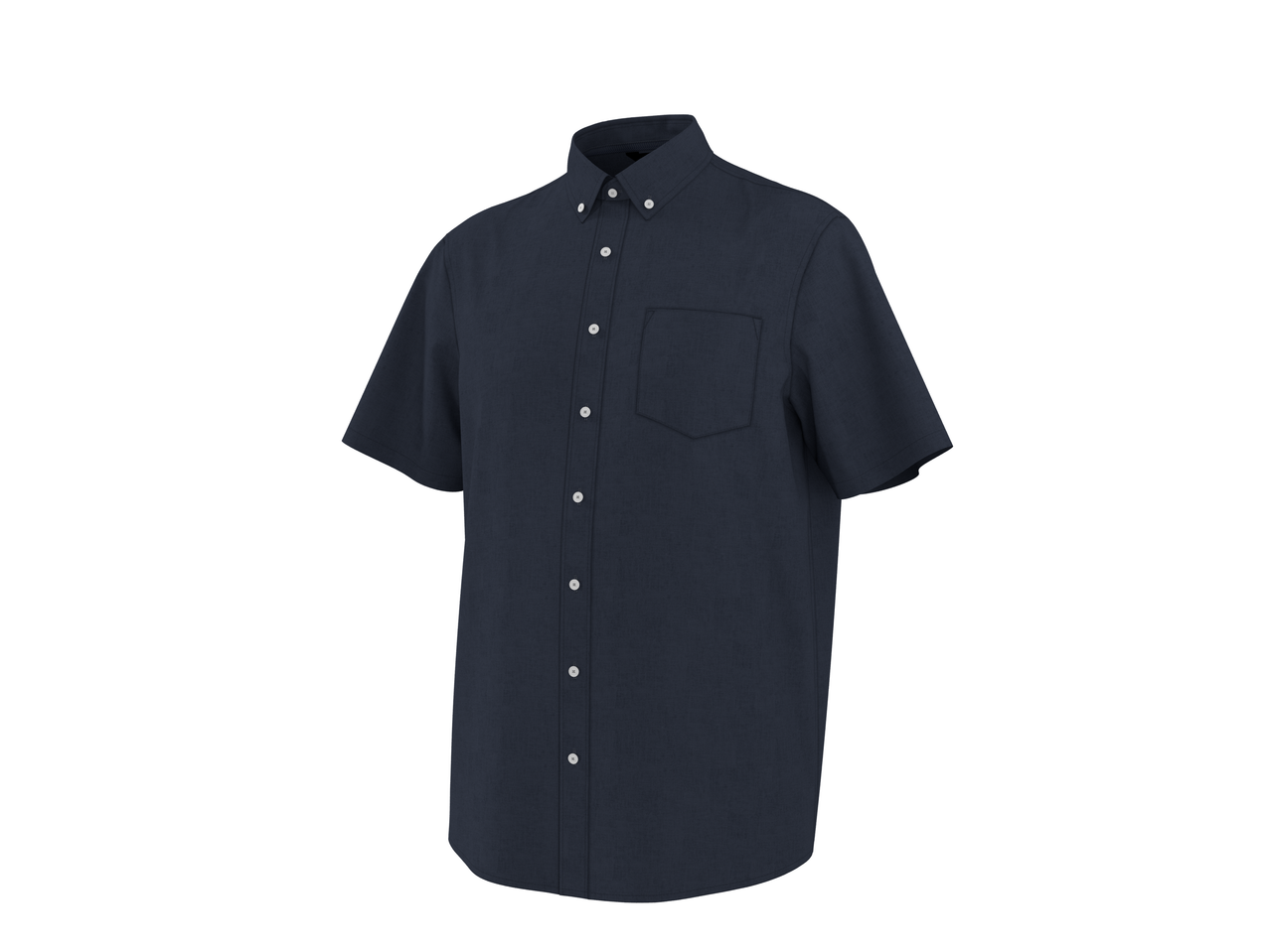 Dark blue short-sleeved button-down shirt with a collar and a single chest pocket.