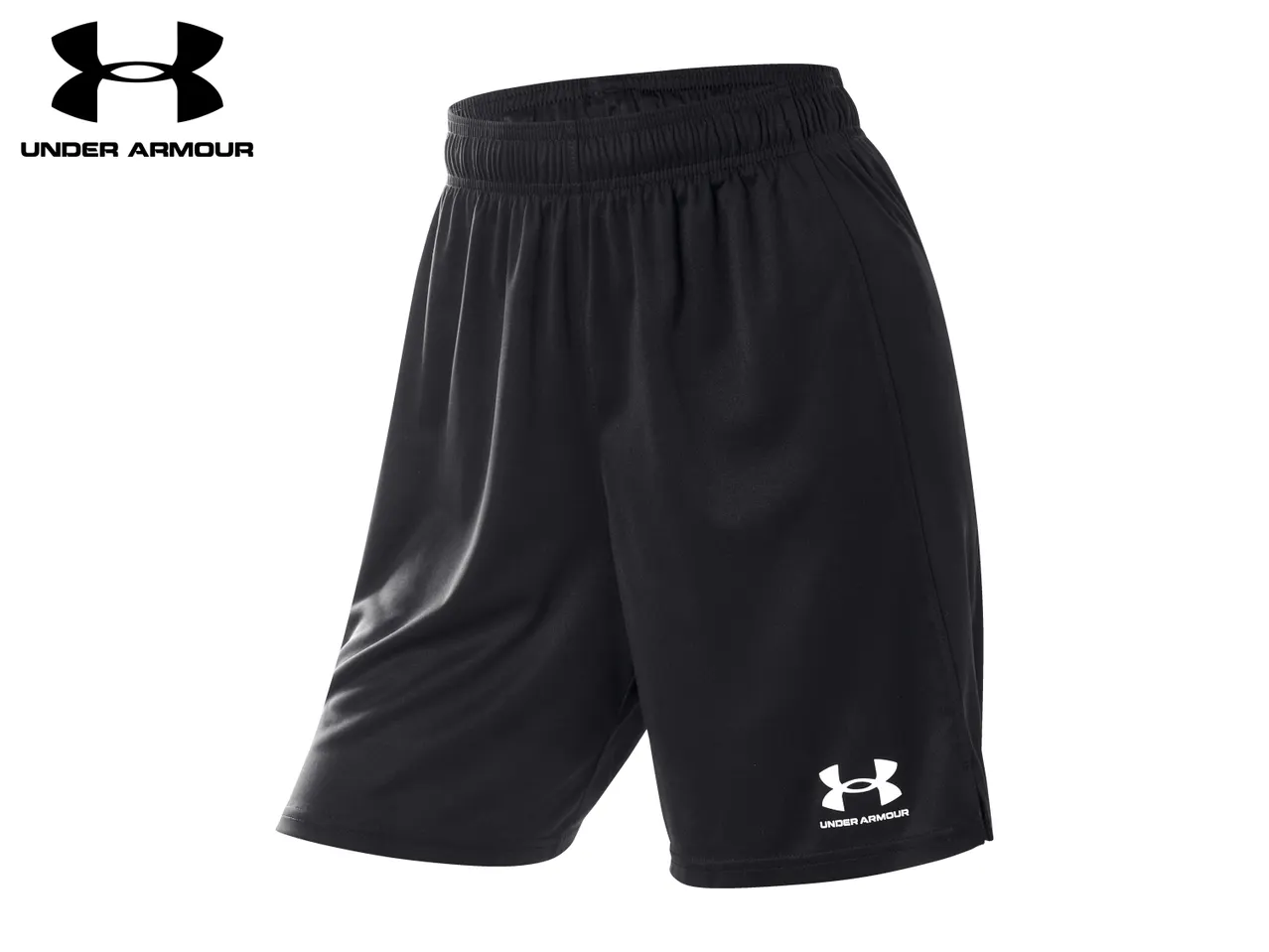 Black athletic shorts with an elastic waistband and a white logo on the lower left leg.