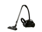 Black canister vacuum cleaner with a silver telescopic wand and floor nozzle.