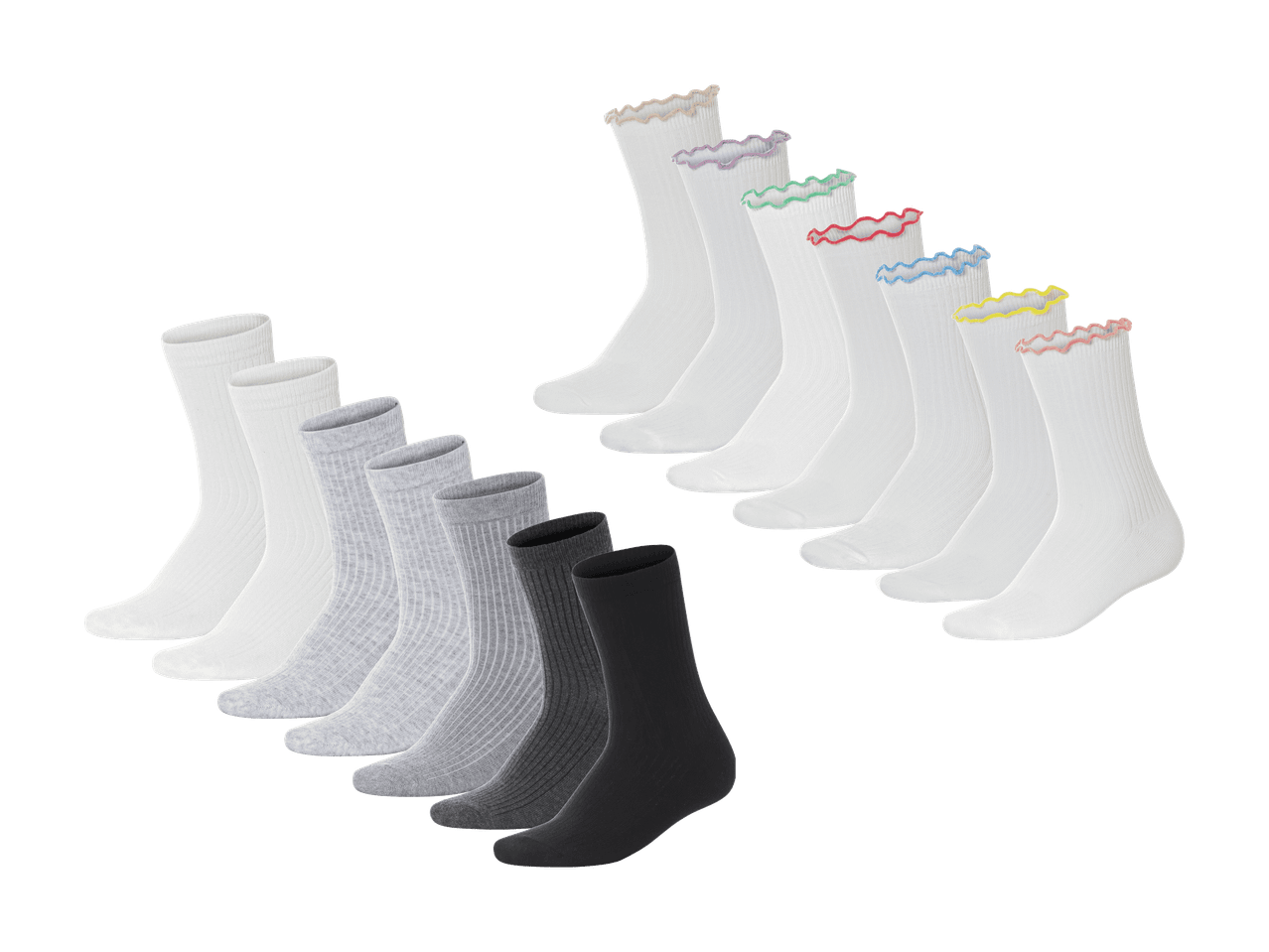 Weiße und graue Socken in verschiedenen Längen und Stilen