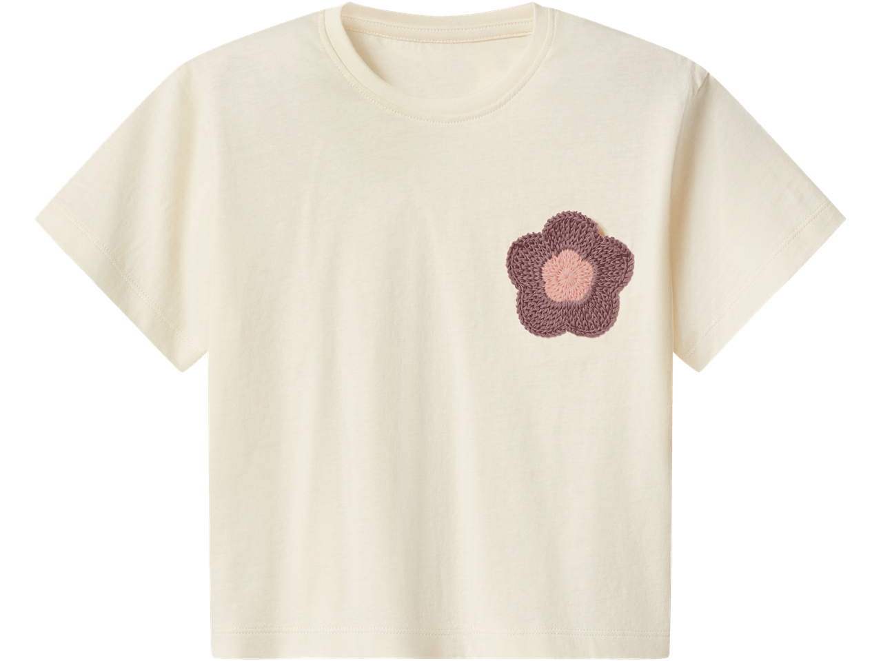 LUPILU majica kratkih rukava za mališane, krem boje s heklanim cvijetom.