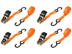 Six orange ratchet straps with hooks.