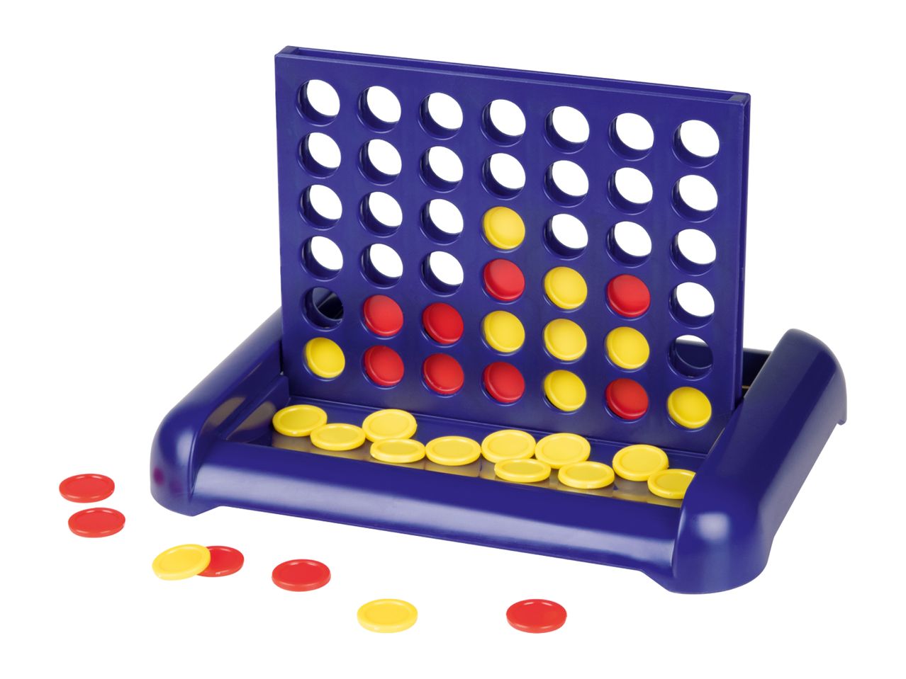 Connect 4 game with red and yellow discs, some in the grid, some scattered.