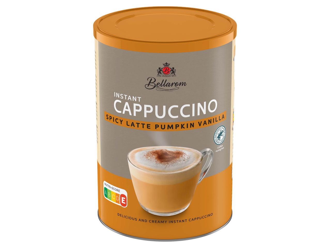 Fűszeres sütőtökös-vaníliás ízű instant cappuccino por fémdobozban.
