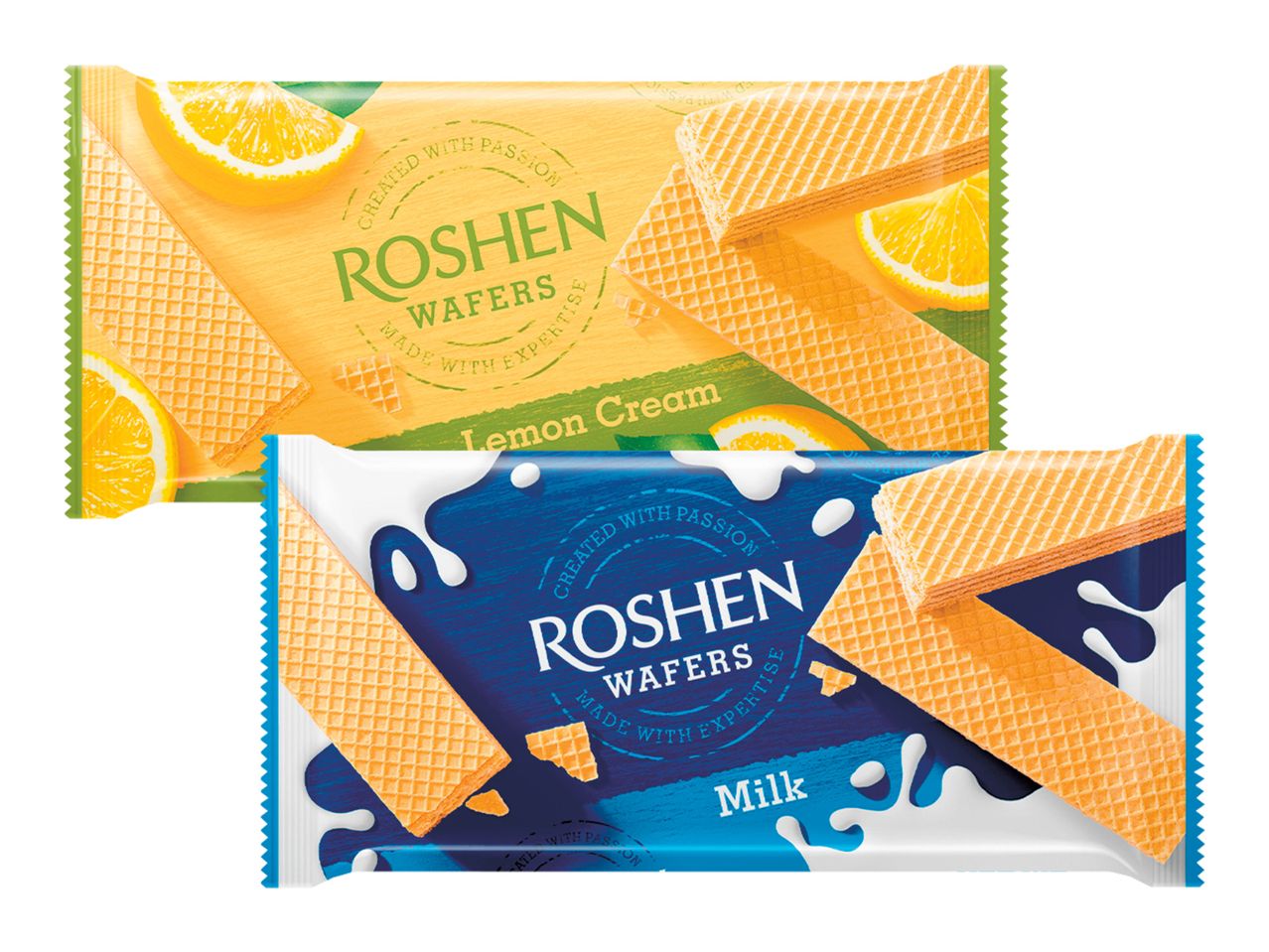 Pachete de napolitane Roshen cu aromă de lămâie și lapte.