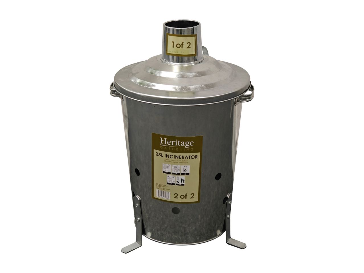 A 25L galvanized steel incinerator with a lid and a label showing safety diagrams.