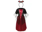 Costume da vampiro per bambini con vestito nero e rosso e cerchietto con ali di pipistrello.