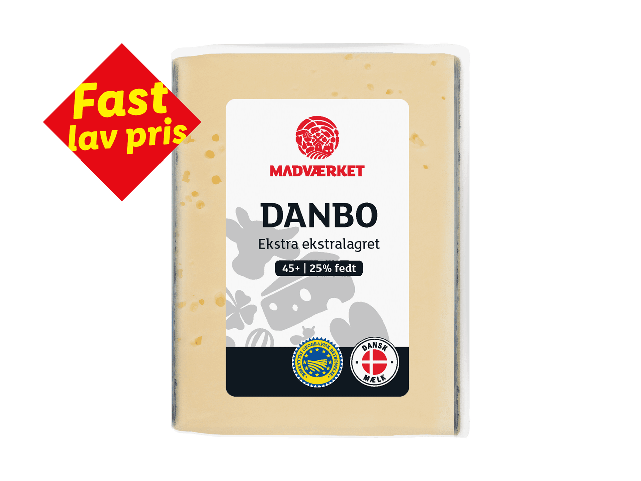 Danbo ost med mærkaten 'Fast lav pris' og information om fedtindhold.