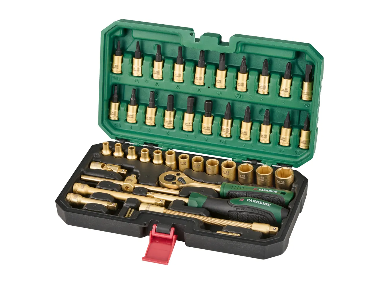 Open tool kit with various gold-colored screwdriver bits, sockets, and ratchets.