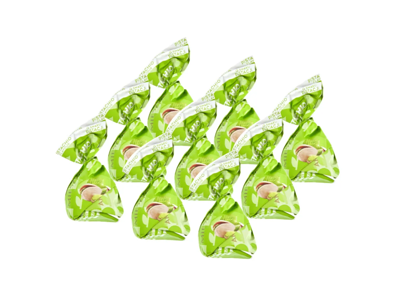 Zeleni bomboni sa ukusom pistaća, raspoređeni u redove na beloj pozadini.