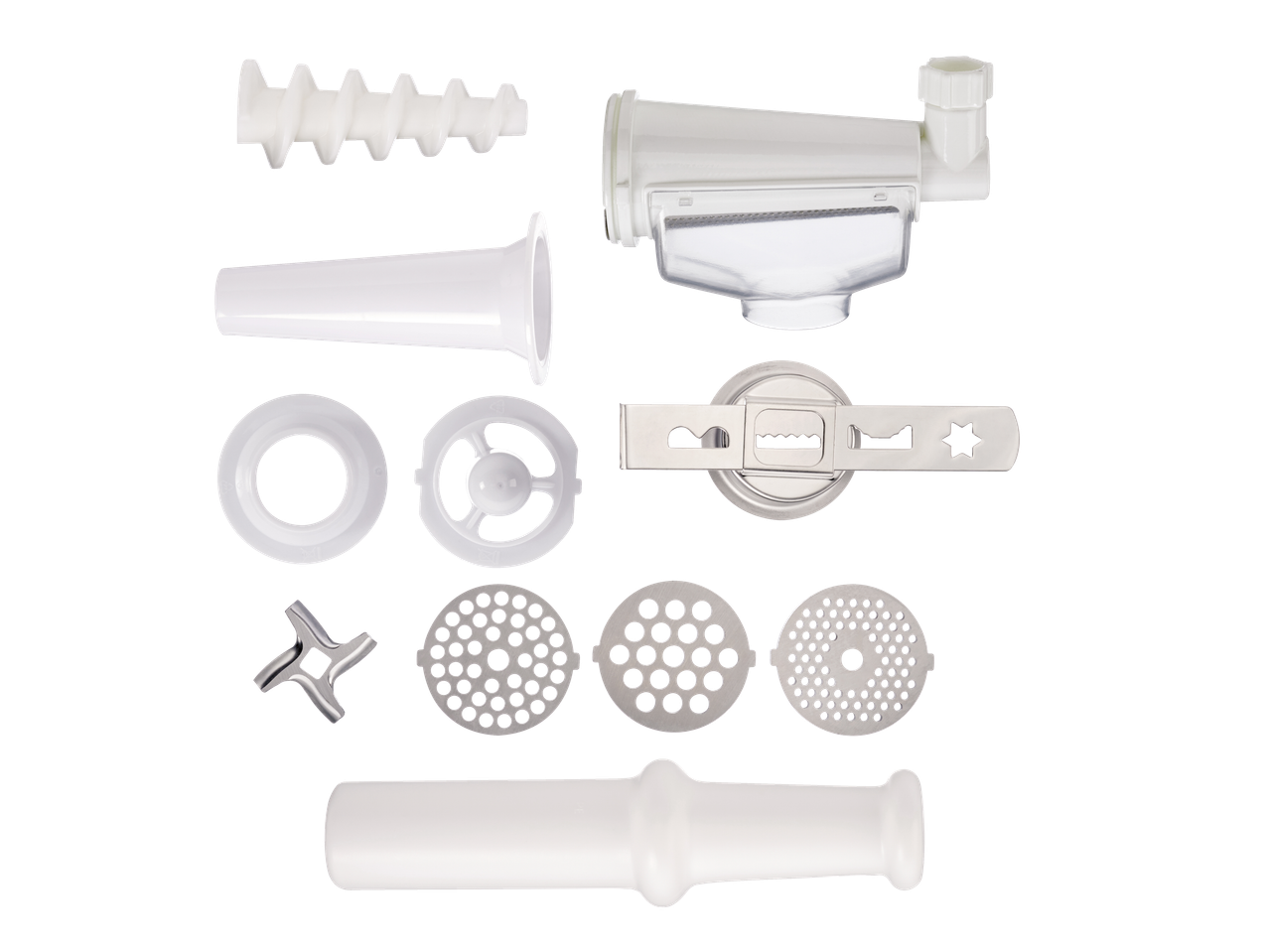 Disassembled parts of a white meat grinder, including auger, housing, blades, and grinding plates.