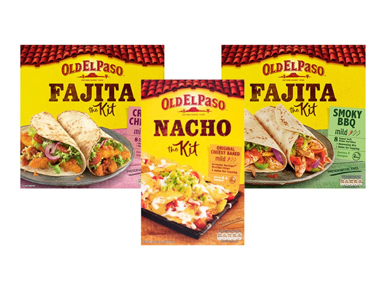 Three meal kits: two fajita kits (one crispy chicken, one smoky BBQ) and one nacho kit.